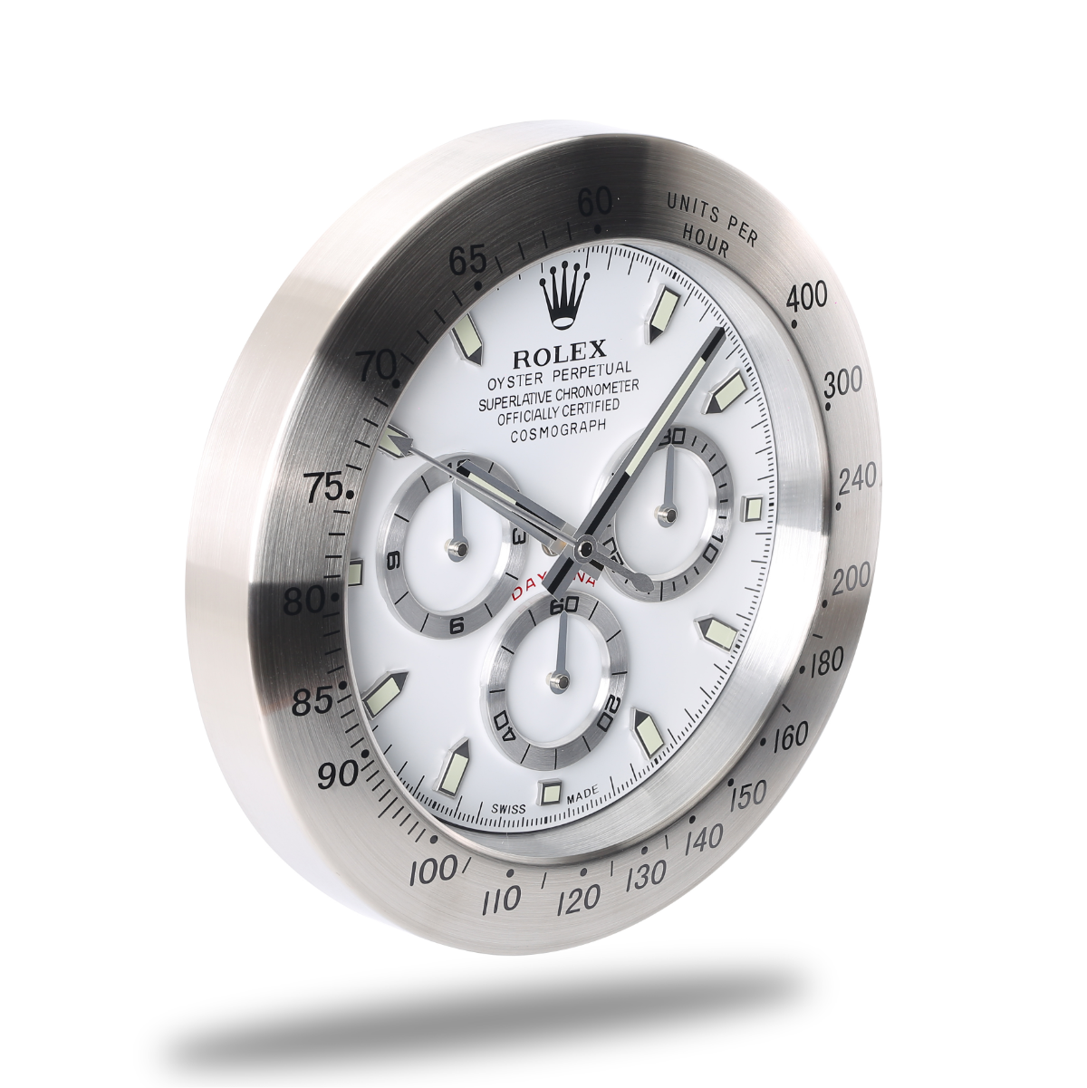 Horloge Murale Rolex Daytona - Argent Blanc - Chronographe de Course Automobiliste Élégant