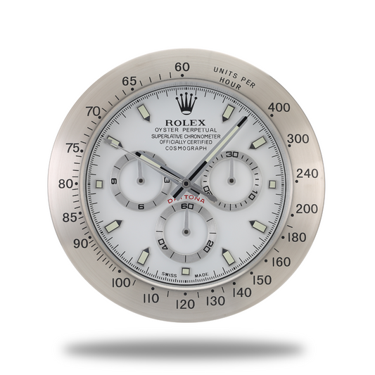 Horloge Murale Rolex Daytona - Argent Blanc - Chronographe de Course Automobiliste Élégant